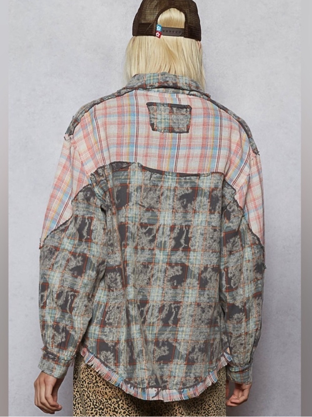 POL Patchwork Plaid Button-Down Shirt pocket Shacket - Pink, Gray, Blue - Picture 2 of 5